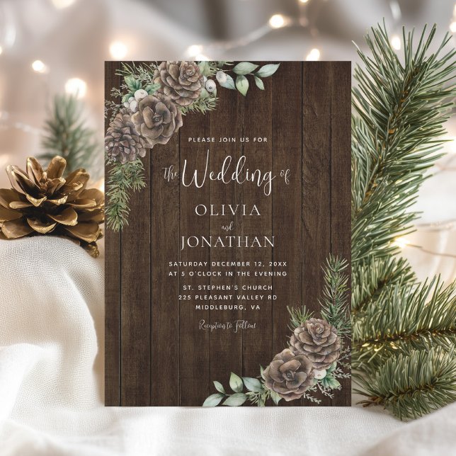 Rustic Wood Pine Cone Winter Wedding Invitation (Creator Uploaded)