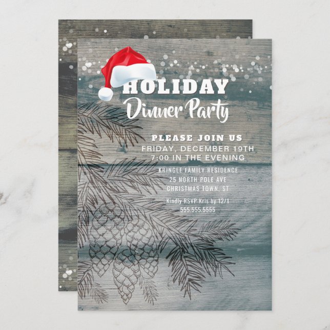 Rustic Wood Pine Cones Holiday Party Invitation (Front/Back)