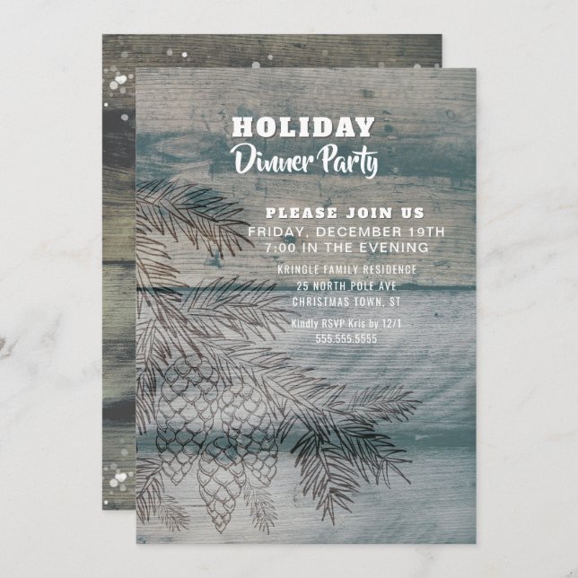 Rustic Wood Pine Cones Holiday Party Invitation (Front/Back)