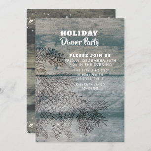 Rustic Wood Pine Cones Holiday Party Invitation