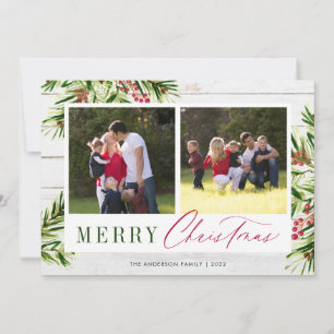 Rustic Wood Pine Handwriting 3 Photo Christmas Holiday Card