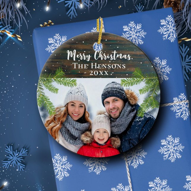 Rustic Wood Pine Merry Christmas Family Photo Ceramic Ornament (Creator Uploaded)