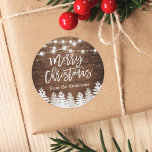 Rustic Wood Pine Trees Christmas String Lights Classic Round Sticker<br><div class="desc">Customise this "Rustic Wood Pine Trees Christmas String Lights Holiday Sticker" to add a special touch. It's easy to personalise to match your colours and styles. (1) For further customisation, please click the "customise further" link and use our design tool to modify this template. (2) If you need help or...</div>