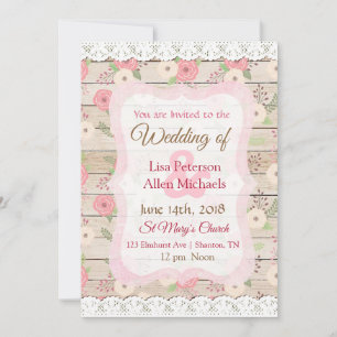 Rustic Wood Pink and Tan Floral Wedding Invitation