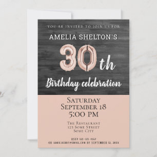 Rustic Wood Pink Balloon 30th Birthday Party Invitation