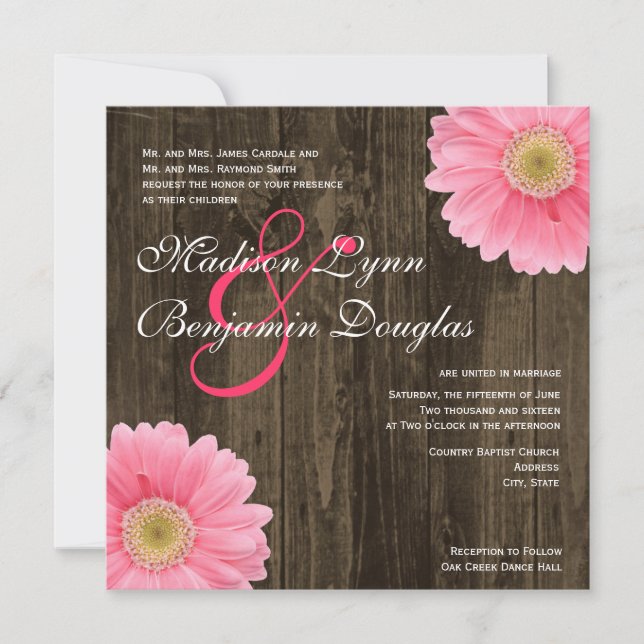 Rustic Wood Pink Daisy Square Wedding Invitations (Front)