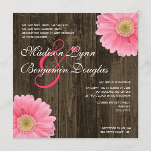 Rustic Wood Pink Daisy Square Wedding Invitations