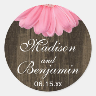Rustic Wood Pink Daisy Wedding Favour Stickers