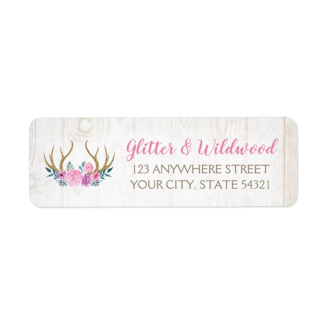 Rustic Wood & Pink Floral Antlers Return Address Label (Front)