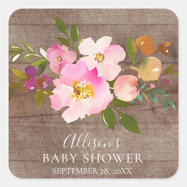 Rustic Wood Pink Floral Baby Shower Envelope Seal (Front)