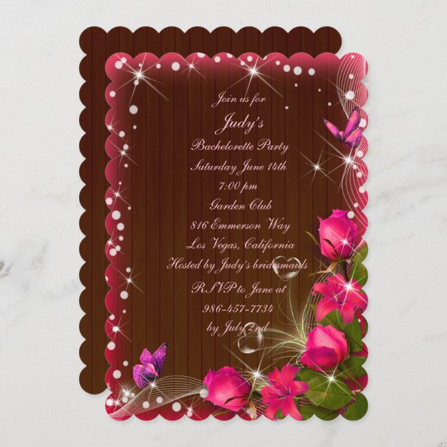 Rustic Wood Pink Floral Butterfly Bachelorette Invitation (Front/Back)