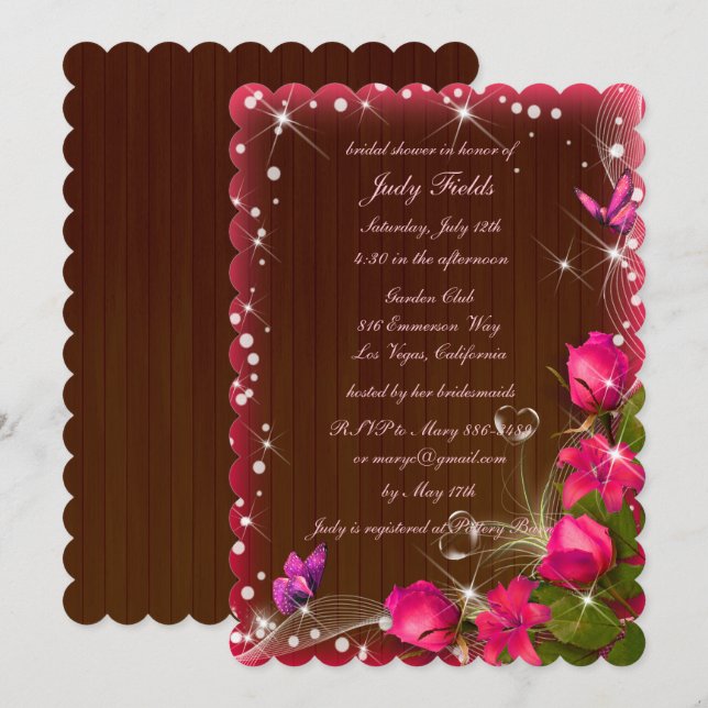 Rustic Wood Pink Floral Butterfly Bridal Shower Invitation (Front/Back)