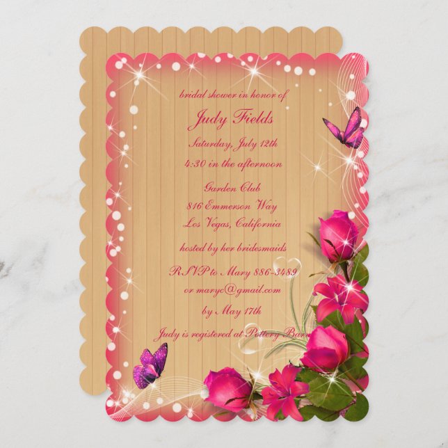 Rustic Wood Pink Floral Butterfly Bridal Shower Invitation (Front/Back)