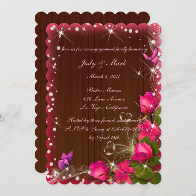 Rustic Wood Pink Floral Butterfly Engagement Party Invitation (Front/Back)