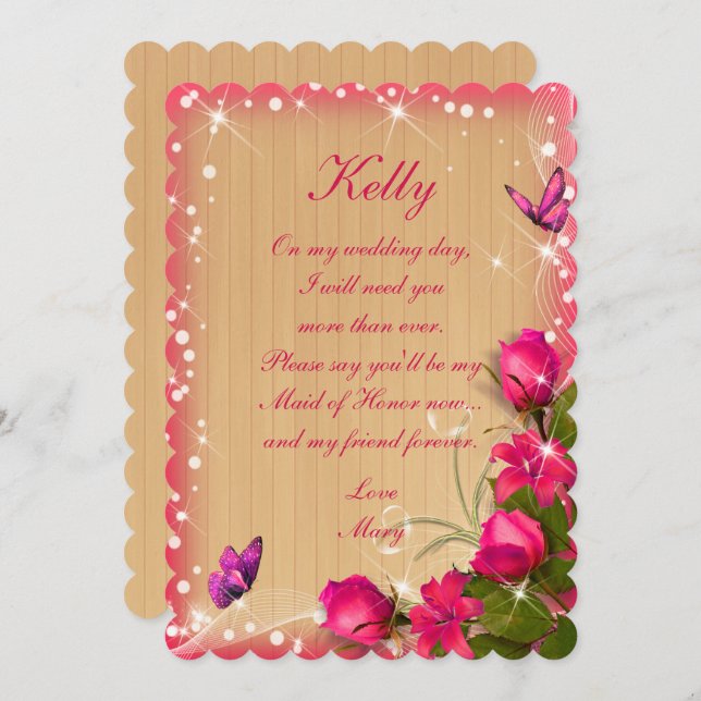 Rustic Wood Pink Floral Butterfly Maid Of Honour Invitation (Front/Back)