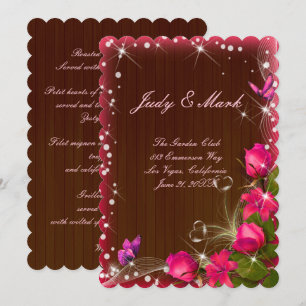 Rustic Wood Pink Floral Butterfly Menu Card
