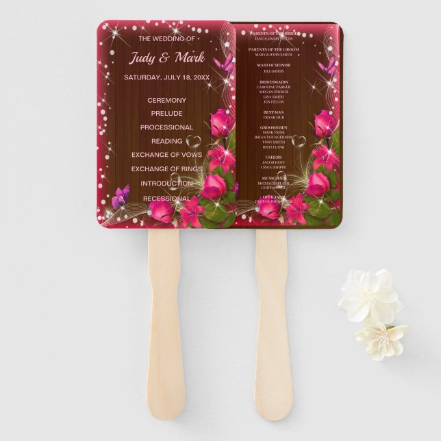 Rustic Wood Pink Floral Butterfly Program Fans (Front and Back)