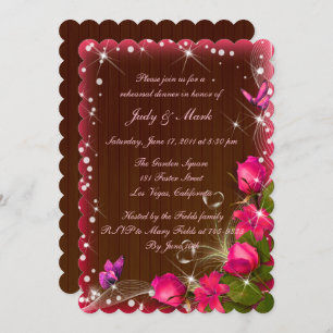 Rustic Wood Pink Floral Butterfly Rehearsal Dinner Invitation