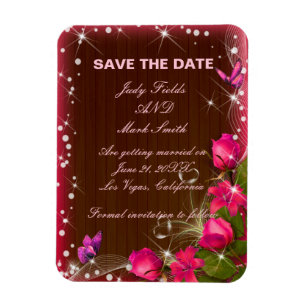 Rustic Wood Pink Floral Butterfly Save The Date Magnet