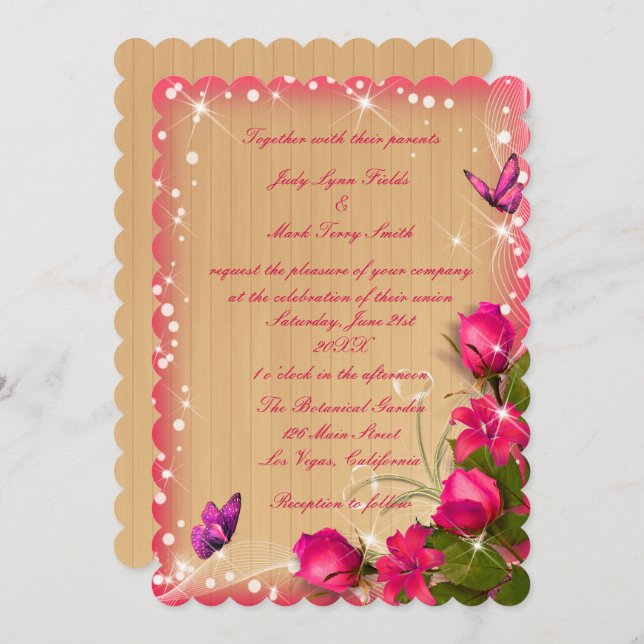 Rustic Wood Pink Floral Butterfly Wedding Invitation (Front/Back)