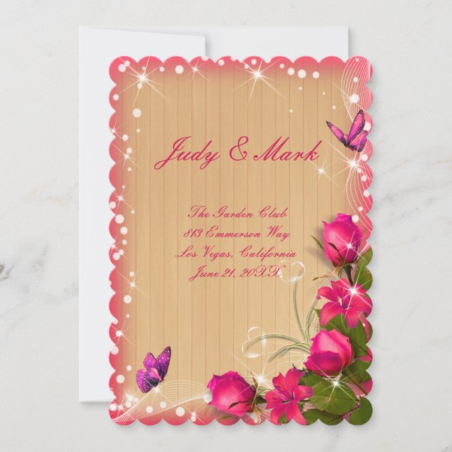 Rustic Wood Pink Floral Butterfly Wedding Menu Invitation (Front)