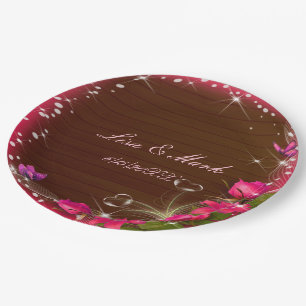 Rustic Wood Pink Floral Butterfly Wedding Paper Plate