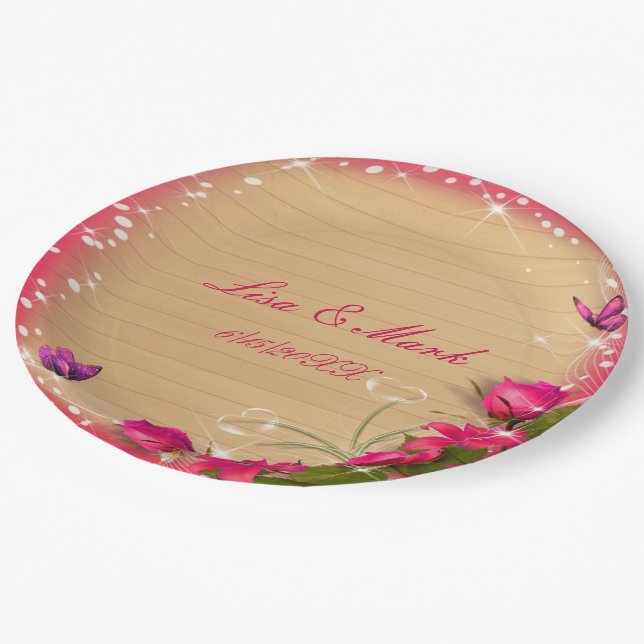 Rustic Wood Pink Floral Butterfly Wedding Paper Plate (Angled)
