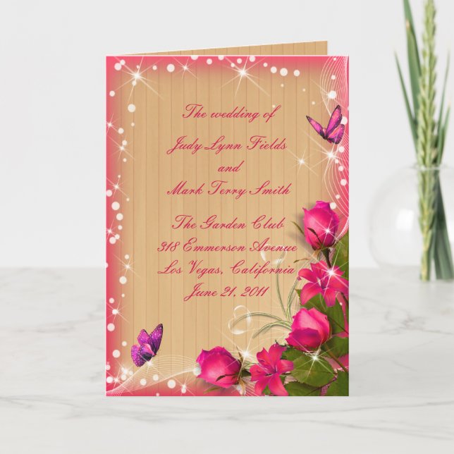 Rustic Wood Pink Floral Butterfly Wedding Program (Front)