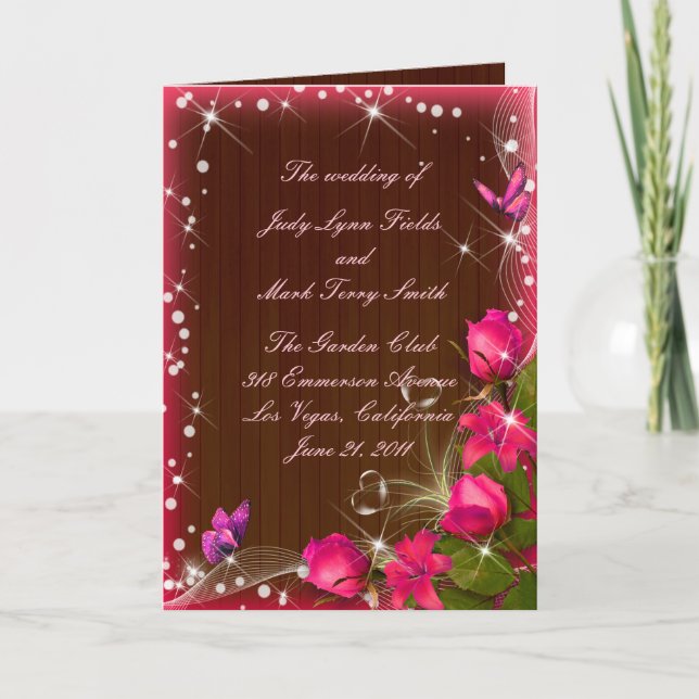 Rustic Wood Pink Floral Butterfly Wedding Program (Front)