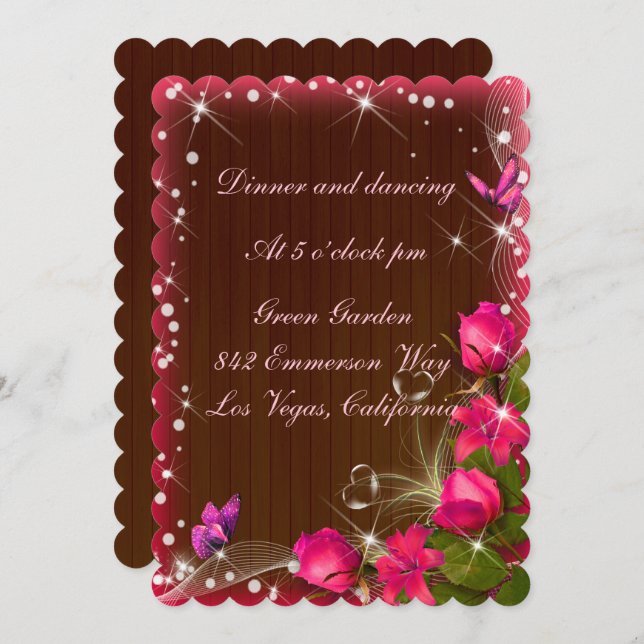 Rustic Wood Pink Floral Butterfly Wedding Receptio Invitation (Front/Back)