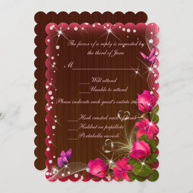 Rustic Wood Pink Floral Butterfly Wedding Response Invitation (Front/Back)