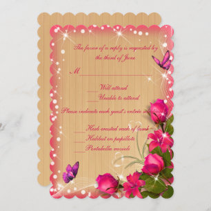 Rustic Wood Pink Floral Butterfly Wedding Response Invitation