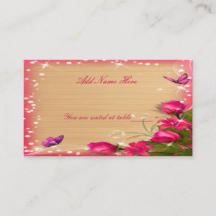 Rustic Wood Pink Floral Butterfly Wedding Table Place Card