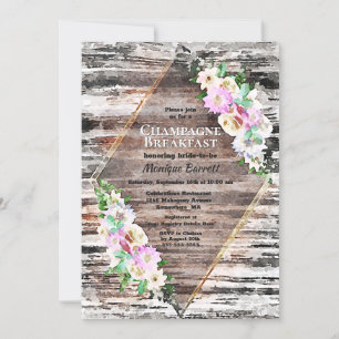Rustic Wood Pink Floral Champagne Breakfast Invitation