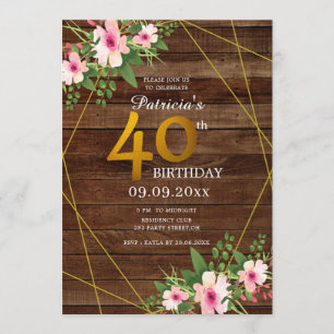 Rustic Wood Pink Floral Gold Glitter 40th Birthday Invitation