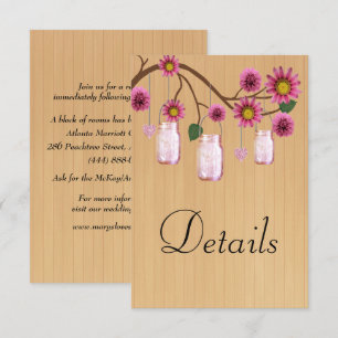 Rustic Wood Pink Floral Mason Jars Wedding Details Enclosure Card