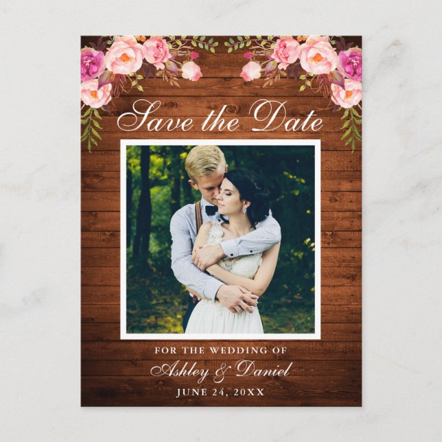 Rustic Wood Pink Floral Save the Date Photo Announcement Postcard (Front)