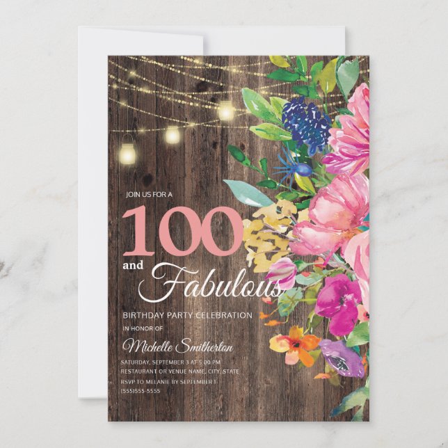 Rustic Wood Pink Floral String Lights 100 Fabulous Invitation (Front)