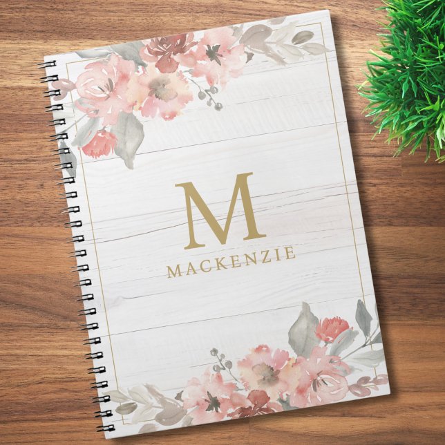 Rustic Wood Pink Floral Watercolor Monogram Notebook (Creator Uploaded)