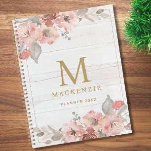 Rustic Wood Pink Floral Watercolor Monogram Planner