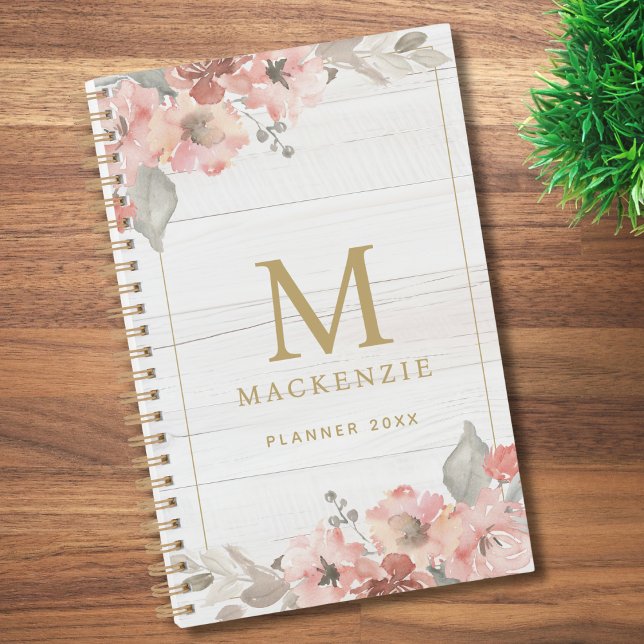 Rustic Wood Pink Floral Watercolor Monogram Planner (Creator Uploaded)