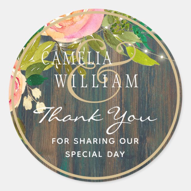 RUSTIC WOOD Pink Floral Wedding Thank You Classic Round Sticker (Front)