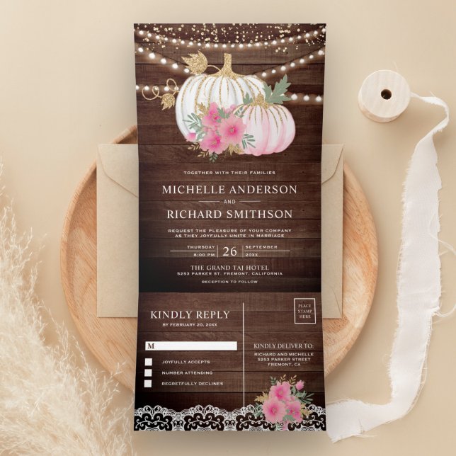 Rustic Wood Pink Floral White Pumpkin Fall Wedding Tri-Fold Invitation (Creator Uploaded)