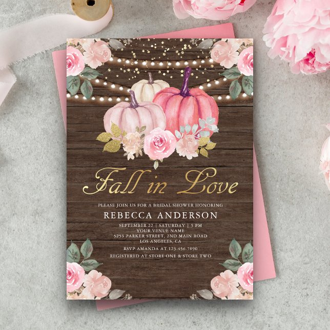 Rustic Wood Pink Gold Pumpkin Floral Bridal Shower Invitation (Creator Uploaded)