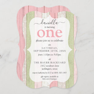 Rustic Wood Pink & Green Custom Age Birthday Party Invitation