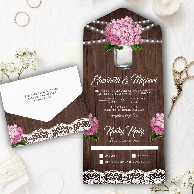 Rustic Wood Pink Hydrangea Mason Jar Wedding All In One Invitation (Creator Uploaded)