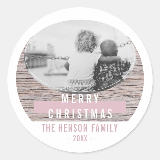 Rustic Wood Pink Merry Christmas Family Photo Classic Round Sticker (Front)