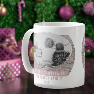 Rustic Wood Pink Merry Christmas Family Photo Coffee Mug