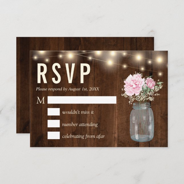 Rustic Wood Pink Peony Floral Mason  | RSVP Card (Front/Back)