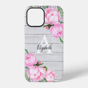 Rustic Wood Pink Peony Watercolor Monogram iPhone 12 Case